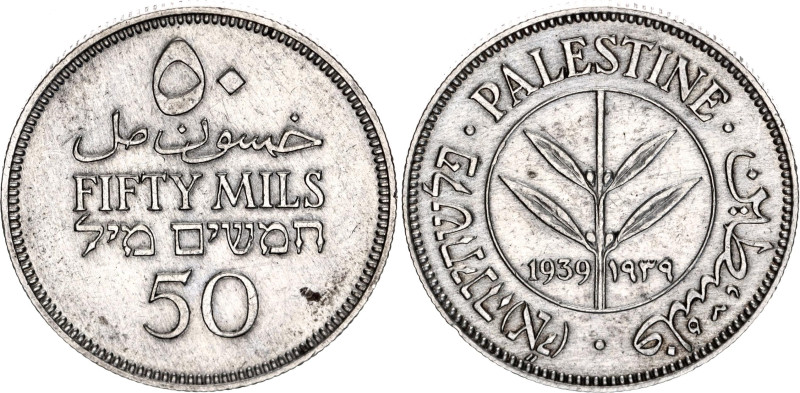 Palestine 50 Mils 1939

KM# 6, N# 8550; Silver; British Mandate; XF-