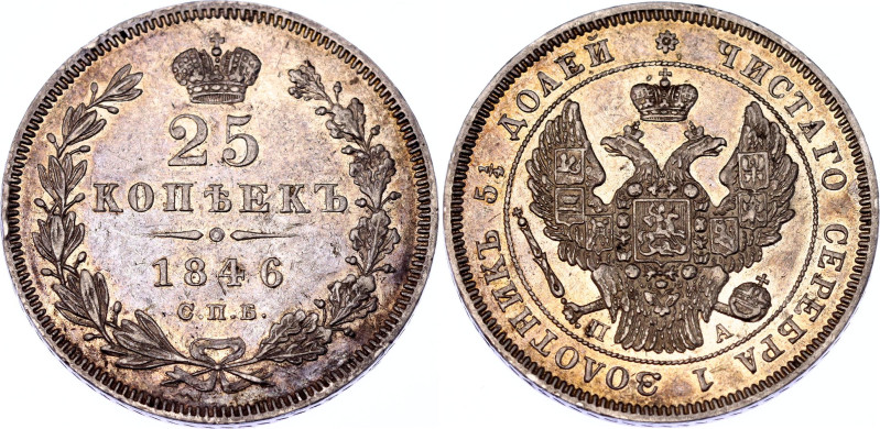 Russia 25 Kopeks 1846 СПБ ПА

Bit# 293, Conros# 137/22; Silver 5.18 g.; AUNC w...