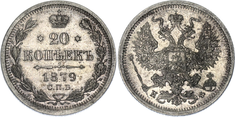 Russia 20 Kopeks 1879 СПБ НФ

Bit# 232, N# 6221; Silver 3.60 g.; AUNC with hai...