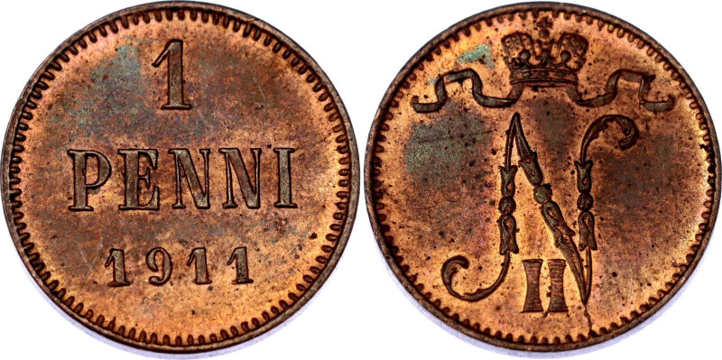 Russia - Finland 1 Penni 1911

Bit# 471, N# 6796; Copper 1.28 g.; UNC with nic...