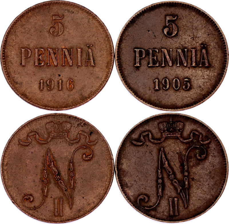 Russia - Finland 2 x 5 Pennia 1905 - 1916

Bit# 446, 456, N# 7455; Copper; XF/...