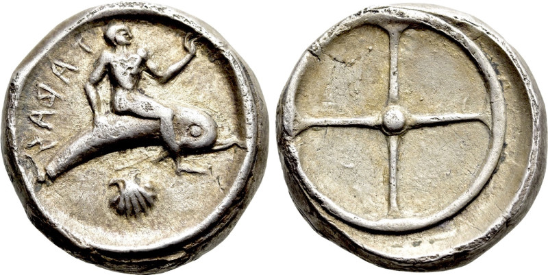 CALABRIA. Tarentum. Nomos (Circa 480-470 BC). 

Obv: TARAS (retrograde). 
Tar...