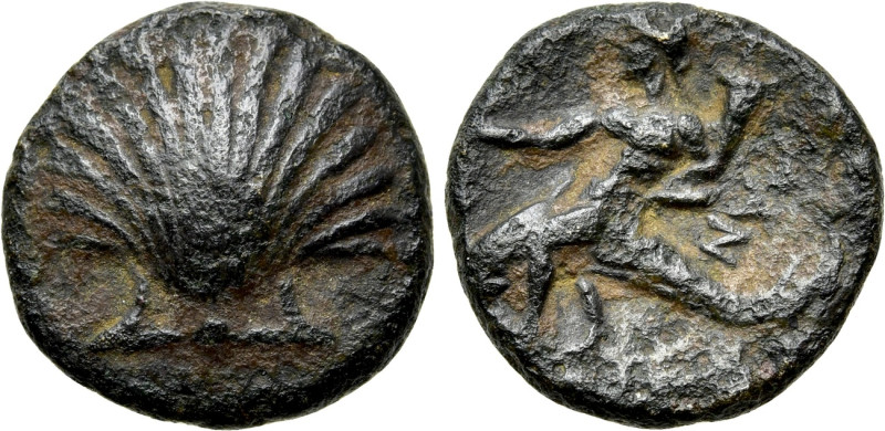 CALABRIA. Tarentum. Ae (Circa 275-200 BC). 

Obv: Shell.
Rev: TAPAN. 
Phalan...