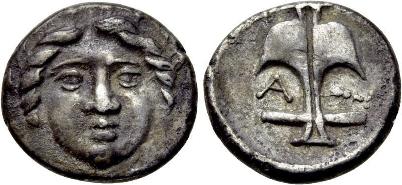 THRACE. Apollonia Pontika. Diobol (Circa 375-335 BC). 

Obv: Facing laureate h...