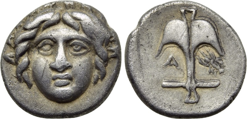 THRACE. Apollonia Pontika. Diobol (Circa 375-335 BC).

Obv: Facing laureate he...