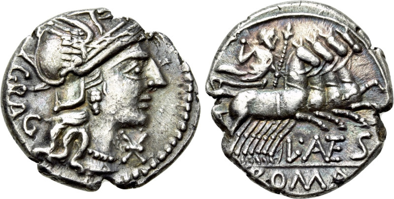 L. ANTESTIUS GRAGULUS. Denarius (136 BC). Rome. 

Obv: GRAG. 
Helmeted head o...