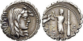 A. POSTUMIUS A.F. SP.N. ALBINUS. Serrate Denarius (81 BC). Rome