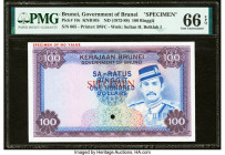 Brunei Government of Brunei 100 Ringgit ND (1972-88) Pick 10s KNB10S Specimen PMG Gem Uncirculated 66 EPQ. Punch hole cancelled. HID09801242017 © 2022...