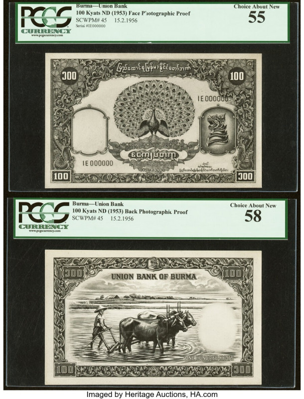 Burma Union Bank 100 Kyats 15.2.1956 Pick 45pfp; 45pbp Front and Back Photograph...