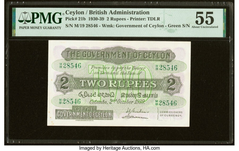 Ceylon Government of Ceylon 2 Rupees 2.10.1939 Pick 21b PMG About Uncirculated 5...