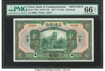 China Bank of Communications, Shangtung 10 Yuan 1.11.1927 Pick 147Bs S/M#C126-222 Specimen PMG Gem Uncirculated 66 EPQ. Two POCs are noted on this exa...