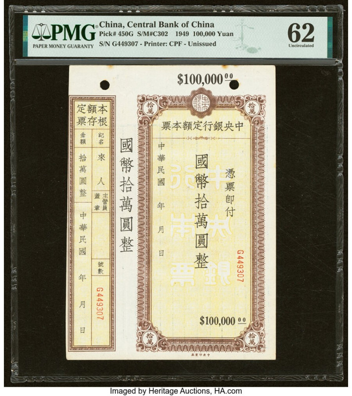 China Central Bank of China 100,000 Yuan 1949 Pick 450G S/M#C302 PMG Uncirculate...