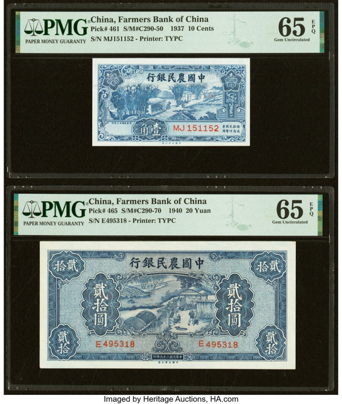 China Farmers Bank of China 10 Cents; 20 Yuan 1937; 1940 Pick 461; 465 Two Examp...
