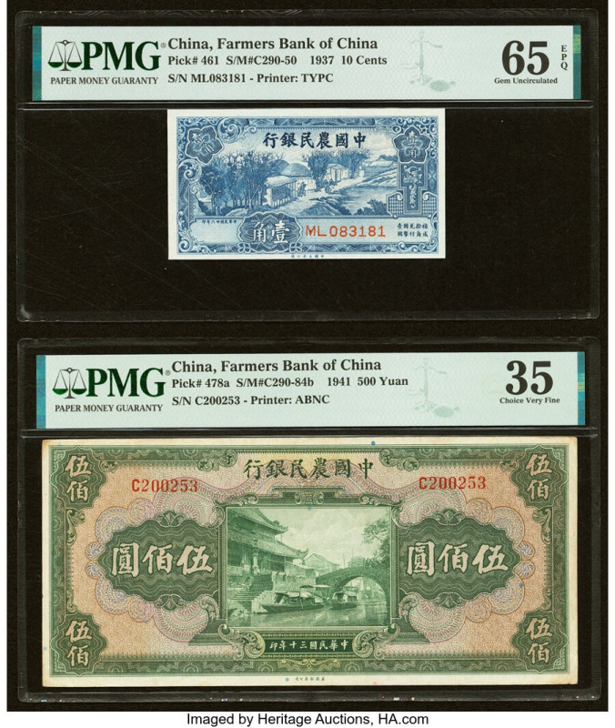 China Farmers Bank of China 10 Cents; 500 Yuan 1937; 1941 Pick 461; 478a Two Exa...