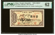 China People's Bank of China 100 Yuan 1949 Pick 836s S/M#C282-46 Specimen PMG Uncirculated 62. Previous mounting and paper pulls are noted o this exam...