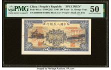 China People's Bank of China 200 Yuan 1949 Pick 841as Specimen PMG About Uncirculated 50. Previous mounting and paper pulls are noted on this example....