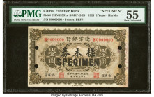 China Frontier Bank, Harbin 1 Yuan 1.4.1921 Pick S2551s Specimen PMG About Uncirculated 55. Four POCs, previous mounting and ink are present on this e...