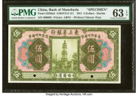 China Bank of Manchuria, Harbin 5 Dollars 7.1921 Pick S2928s2 S/M#T214-121 Specimen PMG Choice Uncirculated 63 EPQ. Two POCs are noted on this example...