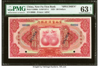 China New Fu-Tien Bank 100 Dollars 1929 Pick S3000s S/M#Y67-5 Specimen PMG Choice Uncirculated 63 Net. Two POCs and repairs are noted. HID09801242017 ...