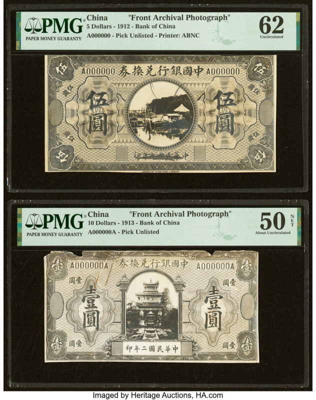 China Bank of China 5; 10 Dollars 1912; 1913 Pick UNL (2) Two Front Archival Pho...
