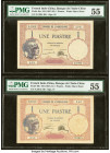 French Indochina Banque de l'Indo-Chine 1 Piastre ND (1921-26); (1927-31) Pick 48a; 48b Two Examples PMG About Uncirculated 55 (2). Pinholes are noted...