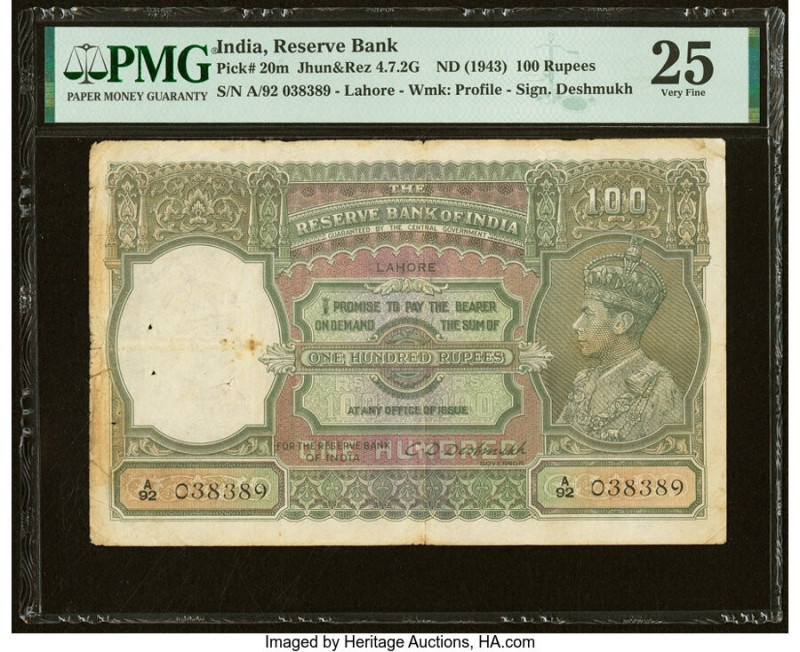 India Reserve Bank of India 100 Rupees ND (1943) Pick 20m Jhun4.7.2G PMG Very Fi...