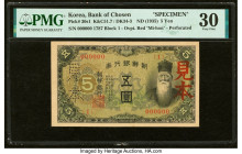 Korea Bank of Chosen 5 Yen ND (1935) Pick 30s1 Specimen PMG Very Fine 30. Pinholes and a perforation are noted on this example. HID09801242017 © 2022 ...