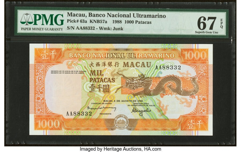 Macau Banco Nacional Ultramarino 1000 Patacas 8.8.1988 Pick 63a KNB57a PMG Super...