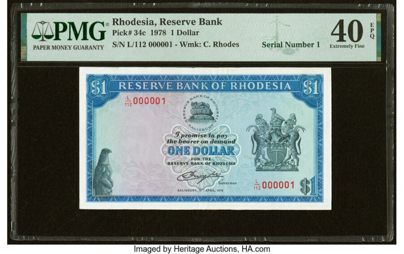 Serial Number 1 Rhodesia Reserve Bank of Rhodesia 1 Dollar 18.4.1978 Pick 34c PM...