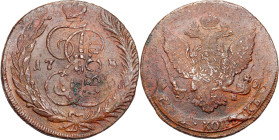 Russia copper coin collection – part two
RUSSIA / RUSSLAND / РОССИЯ / Moscow / Petersburg

Rosja Catherine II. 5 Kopek (kopeck) 17?8 EM? - przebitk...