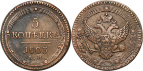 Collection of russian coins
RUSSIA / RUSSLAND / РОССИЯ / Moscow / Petersburg

Rosja. Alexander I. 5 Kopek (kopeck) 1803 EM, Jekaterinburg / Yekater...