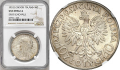 Poland II Republic
POLSKA / POLAND / POLEN / POLOGNE / POLSKO

II RP. 10 zlotych 1932 głowa kobiety NGC UNC 

Pięknie zachowana moneta.Moneta z s...