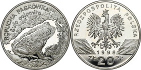 Polish collector coins after 1990
POLSKA / POLAND / POLEN / POLOGNE / POLSKO

20 zlotych 1998 Ropucha Paskówka 

Drobne ryski, ślad linii papilar...