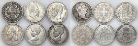Belgium
World coins

France, Spain. 5 Pesetas 1888, 1889, 5 Frankw 1809, 1869, 1873, 1874, set of 6 coins 

Obiegowe egzemplarze, łącznie 6 sztuk...