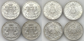 Germany
Germany / Deutschland / German / Deutsch / German coins / Reichsmark

Germany. 3 mark 1909-1914 J, Hamburg, set of 4 coins 

Rocznik 1912...