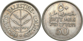 Palestine
World coins

Palestine. 50 miles 1927, London 

Sporo połysku, drobne rysy.&nbsp;KM 6

Details: 5,85 g Ag 
Condition: 2- (EF-)