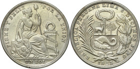 Peru / Lima
World coins

Peru. 1 sol 1923 

Złotawa patyna.&nbsp;KM 218.1

Details: 25,01 g Ag 
Condition: 3 (VF)