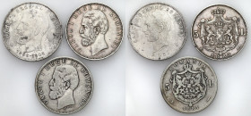 Romania
World coins

Romania. 5 lei 1881, 1883, 1906, set of 3 coins 

Obiegowe egzemplarze.&nbsp;

Details: 74,19 g Ag łącznie 
Condition: 3/...
