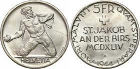 Switzerland
World coins

Switzerland 5 Francs 1944 B, St. Jacob 

Blask menniczy.&nbsp;KM# 45

Details: 14,94 g Ag 
Condition: 1- (UNC-)