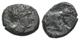 Southern Campania, Neapolis, c. 320-300 BC. Æ (14mm, 2.44g, 1h). Laureate head of Apollo r. R/ Forepart of a man-headed bull r. HNItaly 602. Rare, rou...