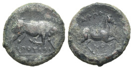 Northern Apulia, Arpi, c. 275-250 BC. Æ (19mm, 5.59g, 9h). Poullos, magistrate. Bull charging r. R/ Horse galloping r. HNItaly 645; SNG ANS 640-3. Gre...