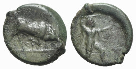 Northern Lucania, Poseidonia, 350-290 BC. Æ (14mm, 2.00g, 9h). Poseidon advancing r., wielding trident. R/ Bull butting r. HNItaly 1171. Green patina,...
