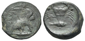 Sicily, Akragas, c. 425-406 BC. Æ Tetras (17mm, 5.99g, 9h). Eagle standing r. on fish, head lowered, wings spread. R/ Crab; conch below, three pellets...