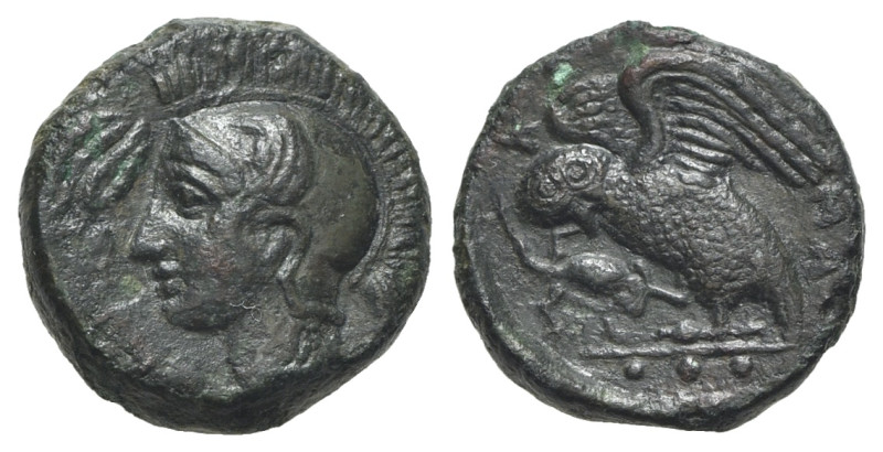 Sicily, Kamarina, c. 420-405 BC. Æ Tetras or Trionkion (15mm, 3.84g, 1h). Helmet...