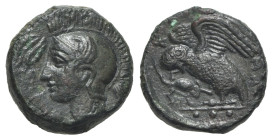 Sicily, Kamarina, c. 420-405 BC. Æ Tetras or Trionkion (15mm, 3.84g, 1h). Helmeted head of Athena l.; olive spray to l. R/ Owl standing facing, wings ...