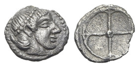 Sicily, Syracuse. Hieron I (478-466 BC). AR Obol (9mm, 0.35g), c. 475-470. Diademed head of Arethusa r. R/ Wheel of four spokes. SNG ANS 116-8; HGC 2,...