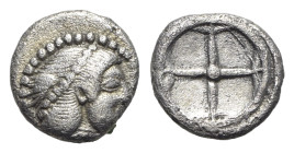 Sicily, Syracuse. Hieron I (478-466 BC). AR Obol (9mm, 0.65g), c. 475-470. Diademed head of Arethusa r. R/ Wheel of four spokes. HGC 2, 1371. VF