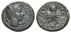 Sicily, Syracuse, c. 435-415 BC. Æ Tetras (18mm, 4.28g, 6h). Head of Arethusa r.; dolphin behind. R/ Octopus; three pellets around. CNS II, 1; SNG ANS...
