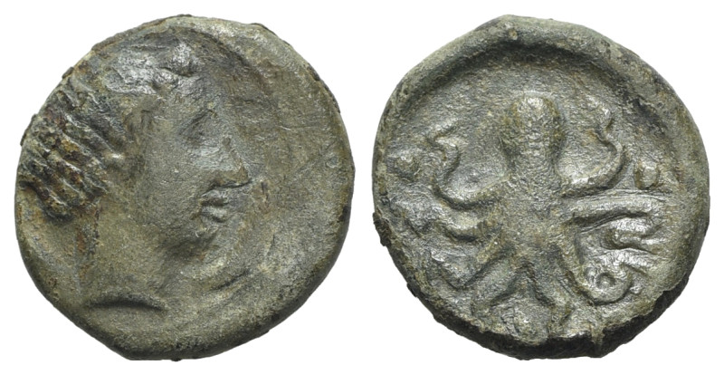 Sicily, Syracuse, c. 435-415 BC. Æ Tetras (16mm, 3.28g, 6h). Head of Arethusa r....