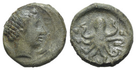 Sicily, Syracuse, c. 435-415 BC. Æ Tetras (16mm, 3.28g, 6h). Head of Arethusa r.; dolphin behind. R/ Octopus; three pellets around. CNS II, 1; SNG ANS...